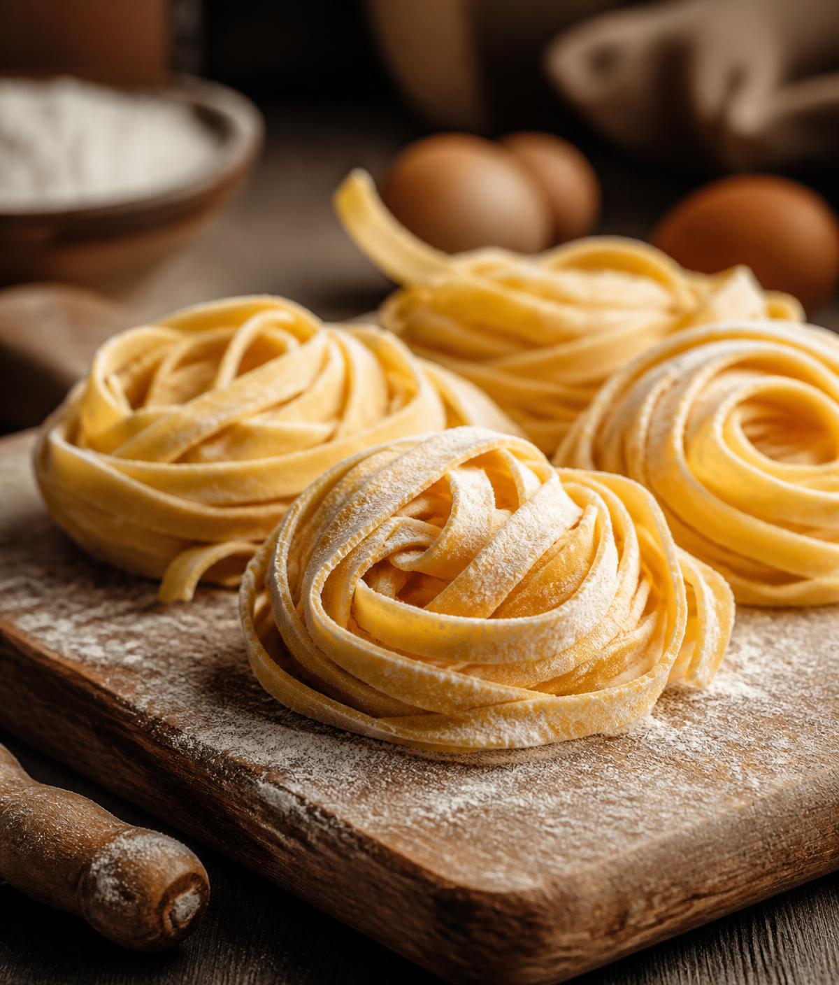 Ninhos de tagliatelle artesanal fresco sobre tábua de madeira com farinha e ovos